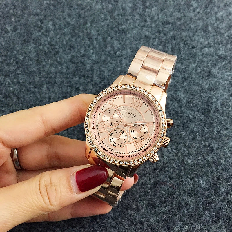 CONTENA Luxury Diamond Women Watches Rose Gold Stainless Steel Women'S Quartz Watch Clock Roman Relogio Feminino Zegarek Damski